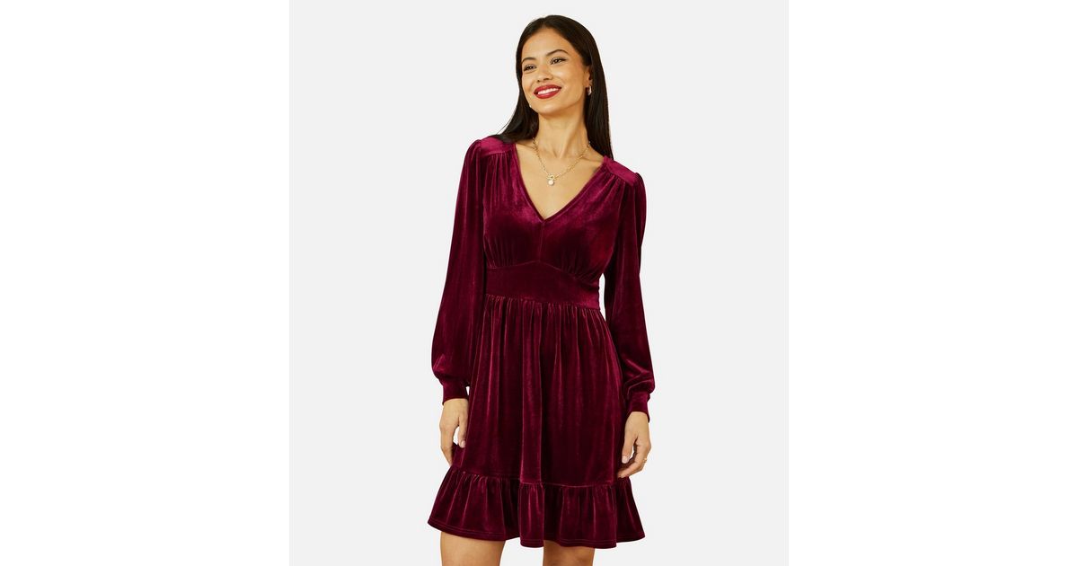 Yumi Burgundy Velvet Long Sleeve Skater Dress | New Look
