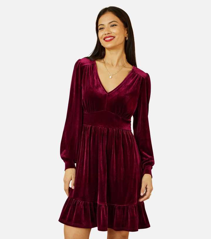 Yumi Burgundy Velvet Long Sleeve Skater Dress