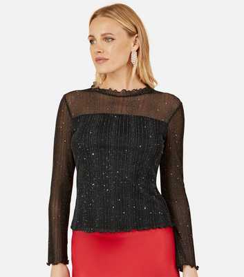 Yumi Black Sparkle Stripe Mesh Top