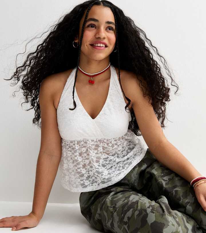 Girls White Lace Halter Neck Top