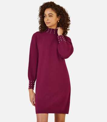 Yumi Burgundy Faux Pearl Necklace Knit Dress