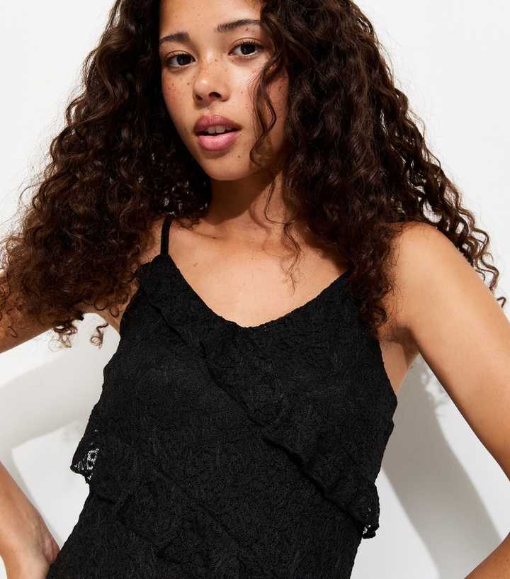 Girls Black Ruffle Trim Asymmetric Lace Cami Top