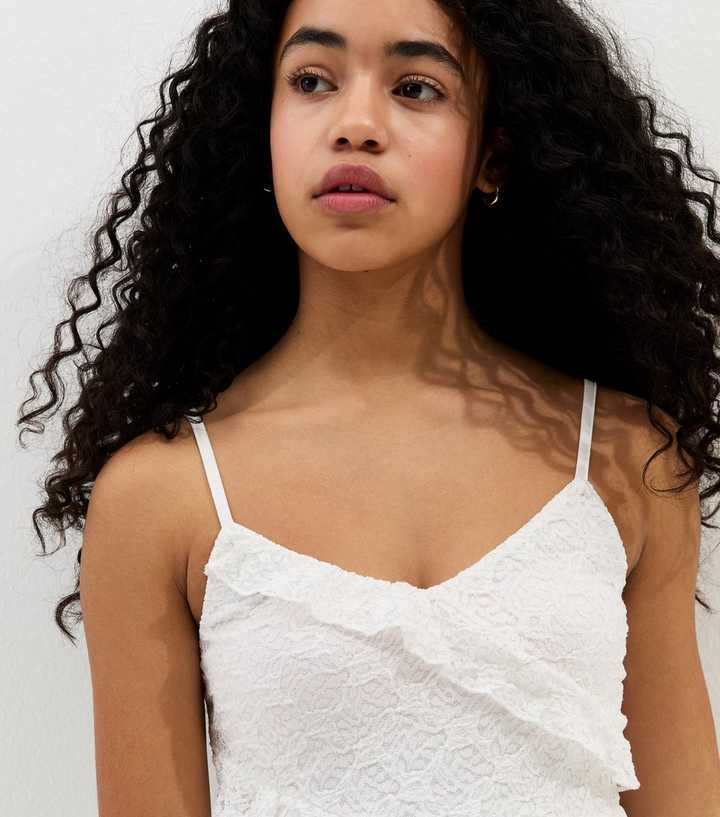 Girls White Ruffle Trim Asymmetric Lace Cami Top