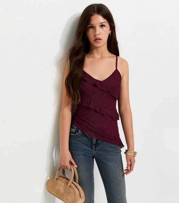 Girls Dark Burgundy Ruffle Trim Asymmetric Lace Cami Top