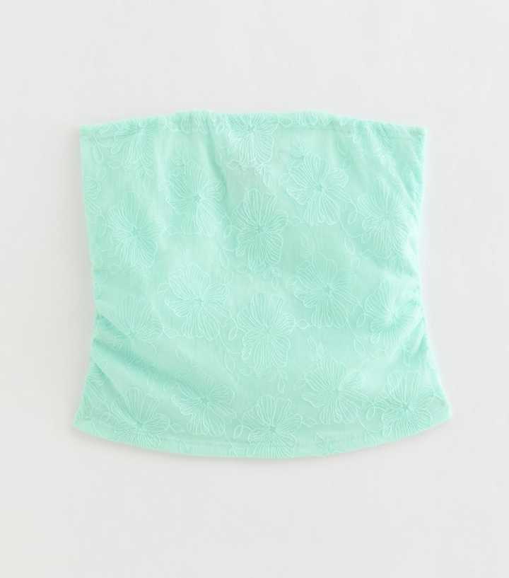Girls Turquoise Floral Embroidered Mesh Bandeau Top