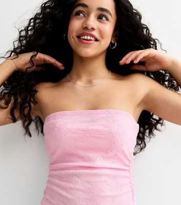 Girls Pink Floral Embroidered Mesh Bandeau Top
