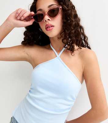 Girls Light Blue Halter Ruched Side Top