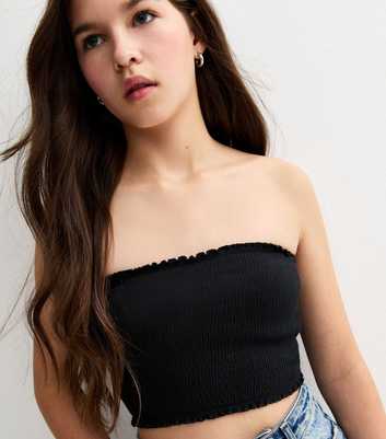 Girls Black Shirred Bandeau Crop Top