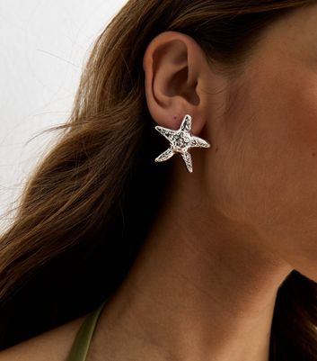 Silver Tone Textured Starfish Stud Earrings