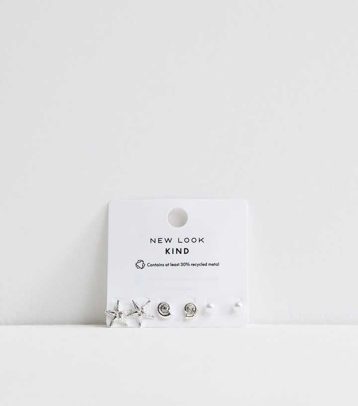 Silver Tone Pack Of 3 Mini Shell Starfish Earrings