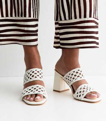 White Macrame Strap Block Heel Mules