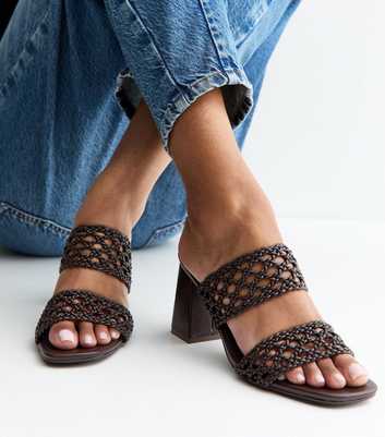 Brown Macrame Strap Block Heel Mules