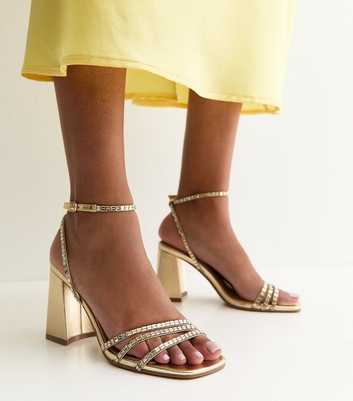 Gold Embellished Strappy Block Heel Sandals