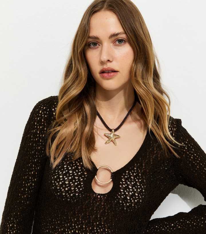 Gold Tone Starfish Pendant Rope Necklace