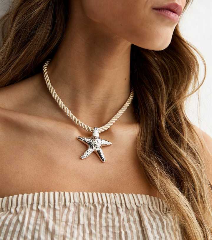 Silver Tone Starfish Pendant Rope Necklace