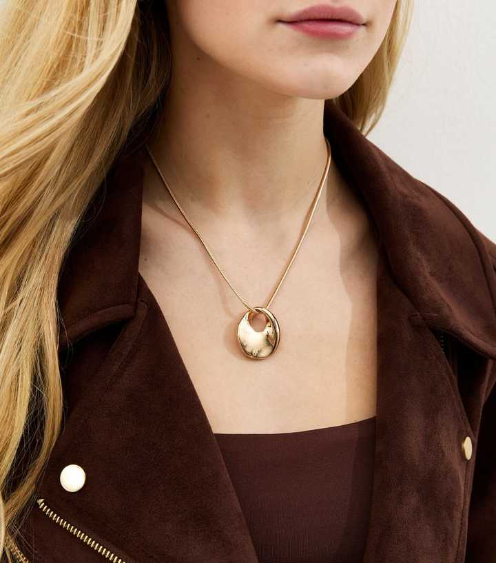 Gold Tone Sleek Dome Drop Pendant Necklace