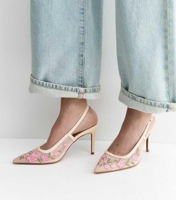 Off White Floral Embroidered Mesh Slingback Court Shoes