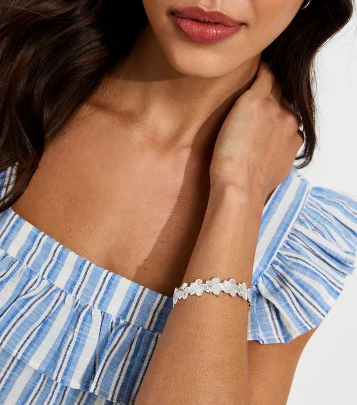 Silver Tone Textured Flower Cuff Bracelet