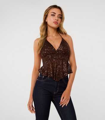 Pink Vanilla Brown Sequin Halterneck Top
