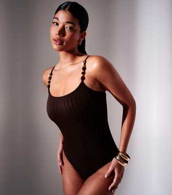 South Beach Brown Crinkled Beaded Strap Tummy Control Swimsuit