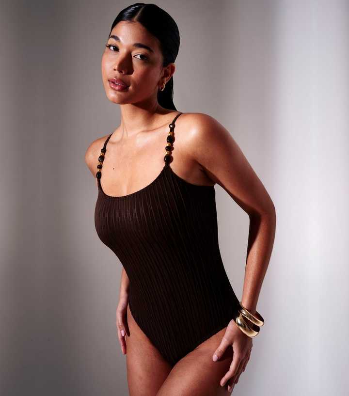 South Beach Brown Crinkled Beaded Strap Tummy Control Swimsuit