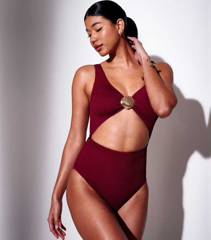 South Beach Burgundy Crinkle Shell Cut Out Tummy Control Swimsuit