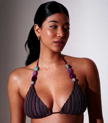 South Beach Dark Purple Crochet Beaded Triangle Bikini Top