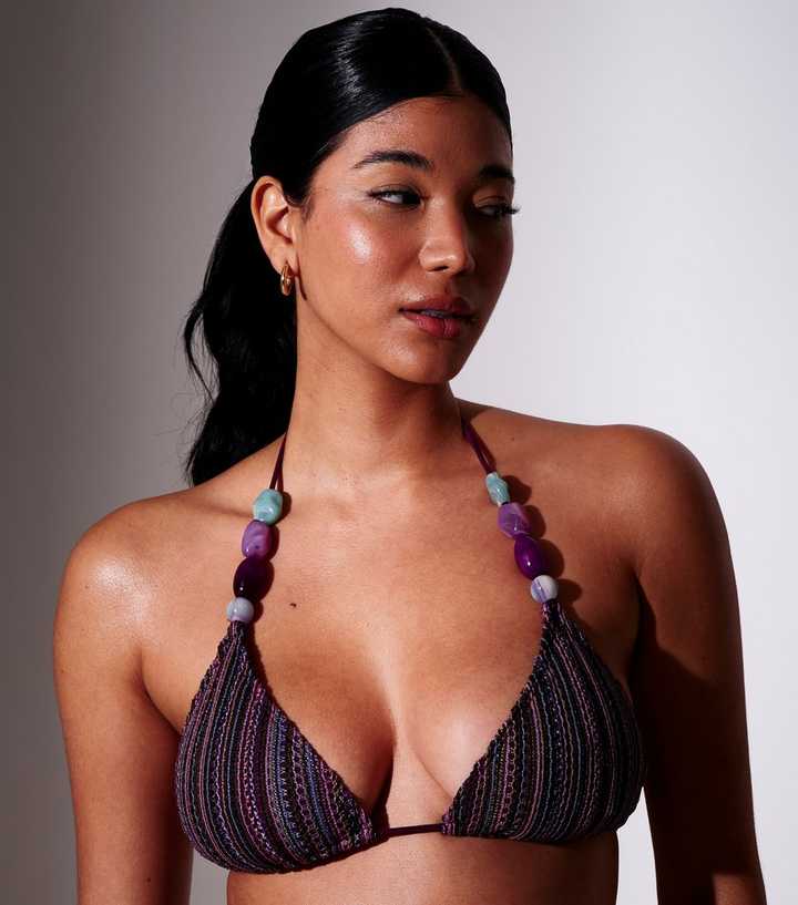 South Beach Dark Purple Crochet Beaded Triangle Bikini Top