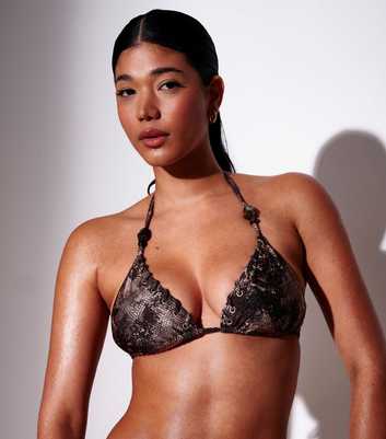 South Beach Brown Snake Print Beaded Triangle Bikini Top