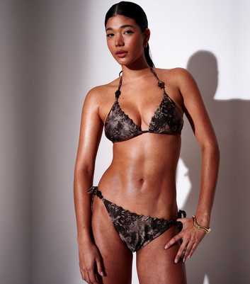 South Beach Brown Snake Print Beaded Side Tie Bikini Bottoms