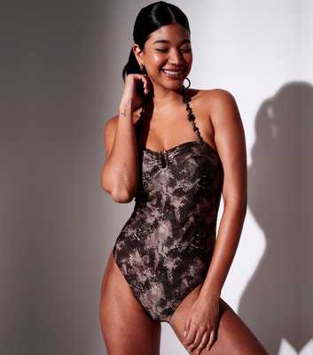 South Beach Brown Snake Print Beaded Halterneck Swimsuit