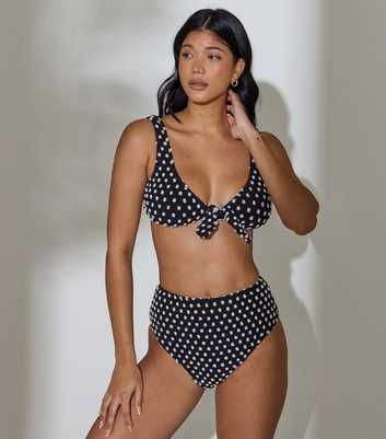 South Beach Black Textured Polka Dot Tie Front Bikini Top