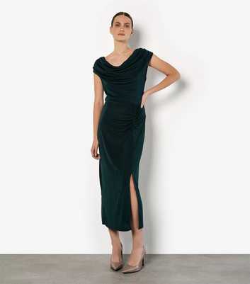Apricot Dark Green Shiny Ruched Cowl Neck Midi Dress