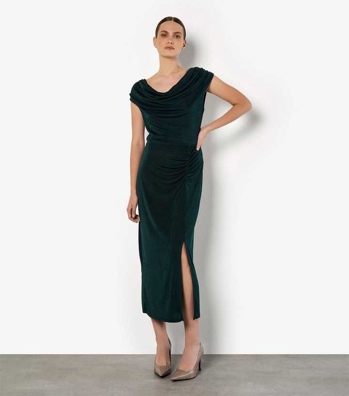 Apricot Dark Green Shiny Ruched Cowl Neck Midi Dress