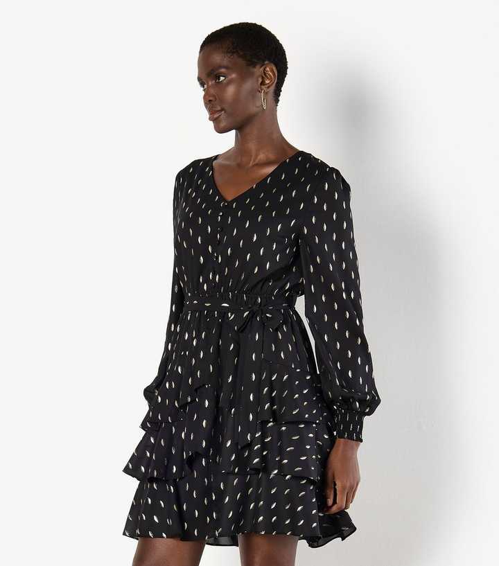 Apricot Black Foil Spot Layered Long Sleeve Dress