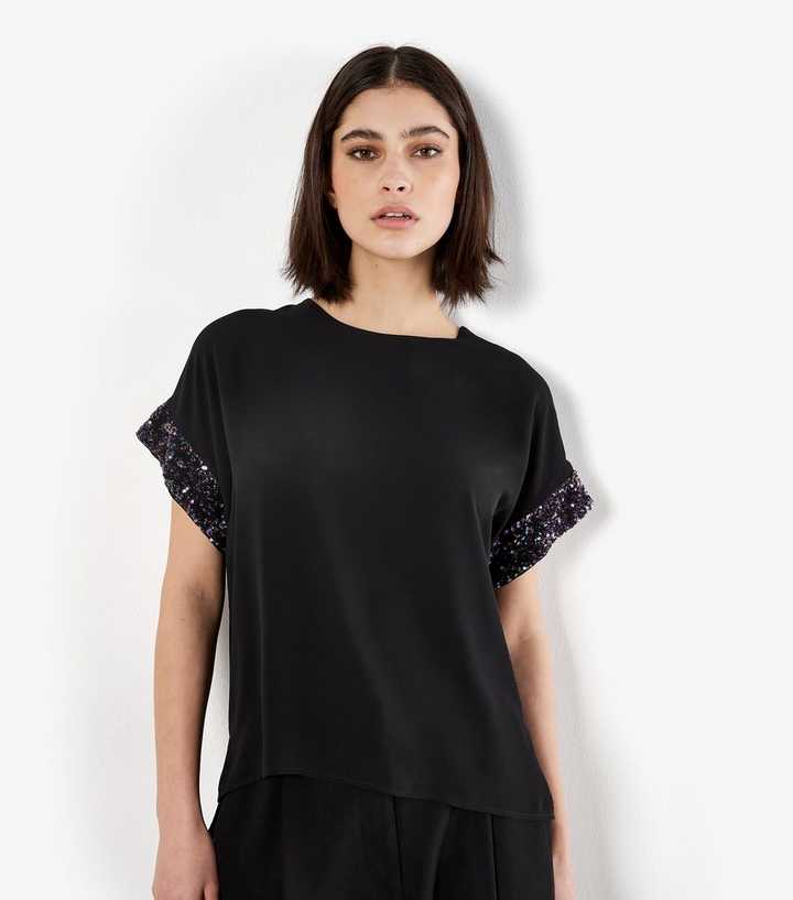 Apricot Black Swirly Sequin Chiffon Top