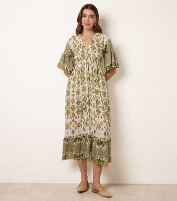 Blue Vanilla Bright Green  Border Print Midi Dress