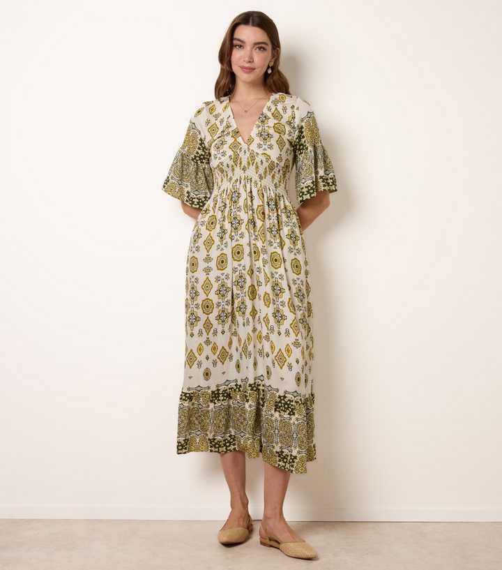 Blue Vanilla Bright Green  Border Print Midi Dress