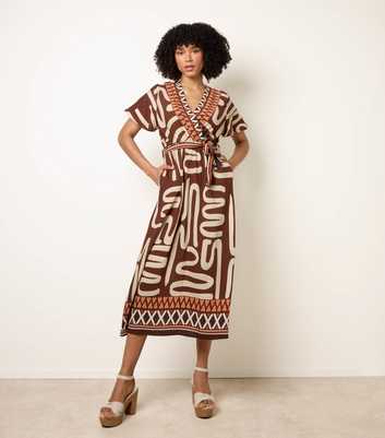 Blue Vanilla Brown Abstract Print Belted Midi Dress