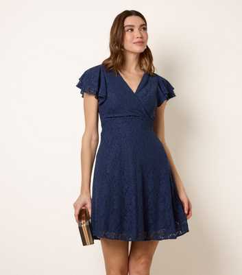 Blue Vanilla Navy Lace Flutter Sleeve Mini Dress