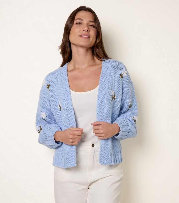 Blue Vanilla Light Blue Embroidered Daisy Cardigan