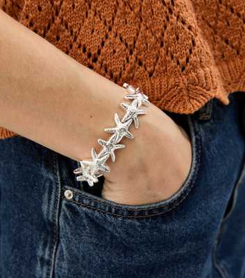 Silver Tone Starfish Charm Stretchy Bracelet
