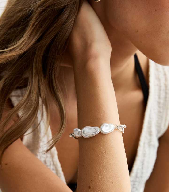 Silver Tone Sculptural Faux Pearl Embellished Bracelet