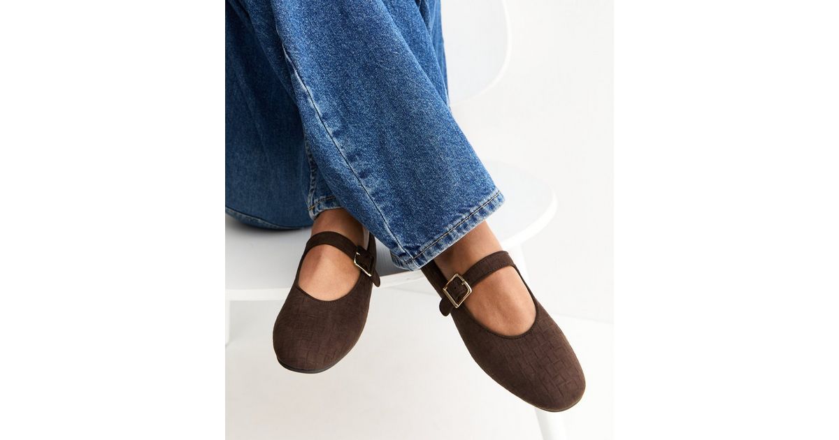 Brown Textured Faux Suede Buckled Mary Jane Flats | New Look