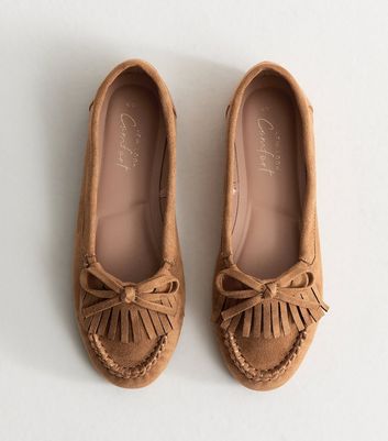 Tan Faux Suede Front Fringe Loafers