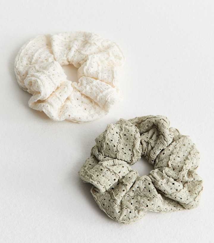 Pack of 2 Green and White Crochet Scrunchies