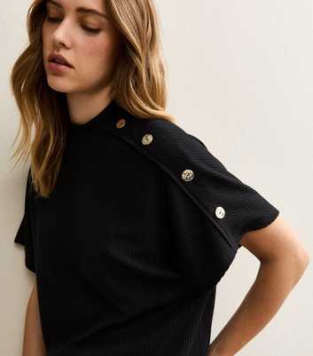 Black Faux Button Batwing Textured Short Sleeve Top