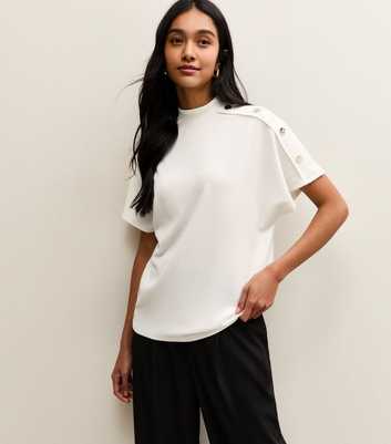 White Faux Button Batwing Textured Short Sleeve Top