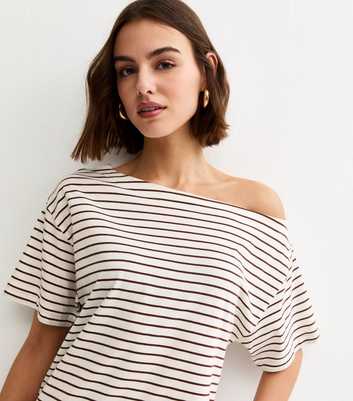 White and Brown Striped Off The Shoulder T-Shirt