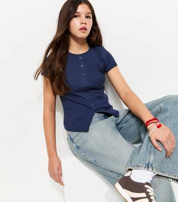 Girls Navy Ribbed Baby Tee
